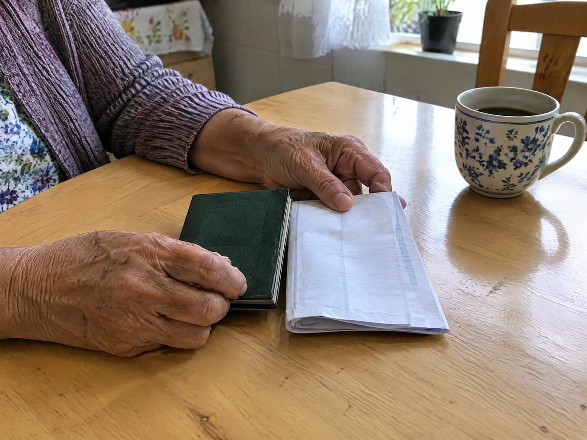 Mãos de uma mulher idosa seguram documento de identidade e comprovante de endereço à mesa
