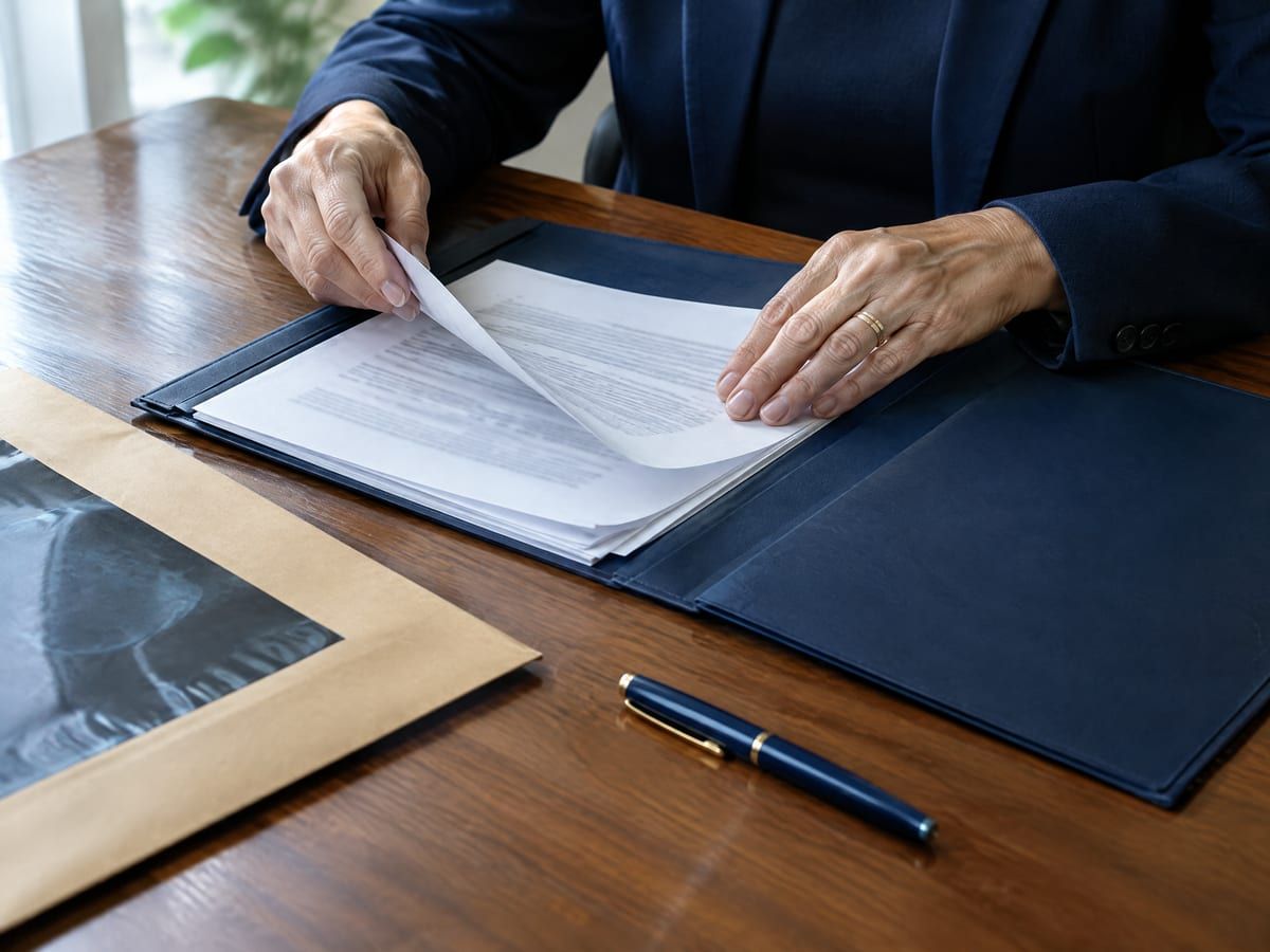 Laudos, exames e pasta de documentos sobre a mesa no pedido de aposentadoria por invalidez