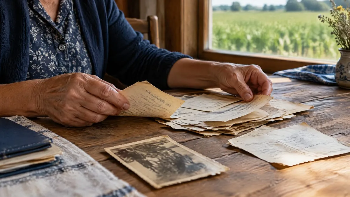 Aposentadoria por idade rural: mulher de cerca de 58 anos separa documentos antigos do trabalho na roça sobre a mesa de madeira