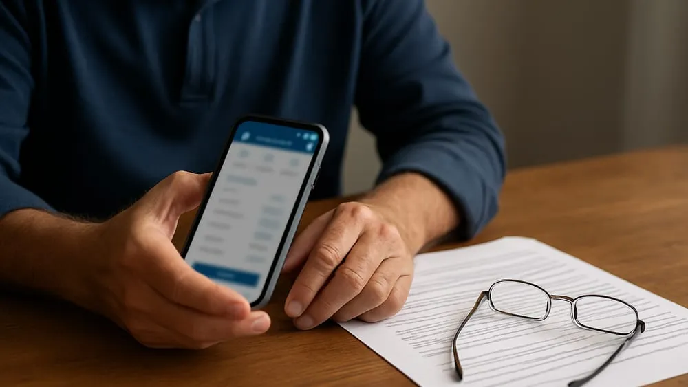 Quanto tempo falta para me aposentar: homem de cerca de 62 anos consulta a simulação no celular com o extrato impresso ao lado