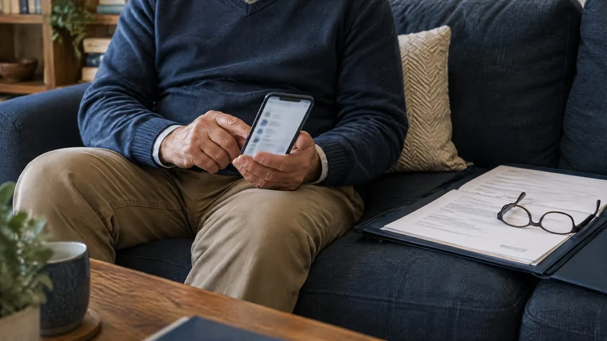 Idade mínima da aposentadoria completa: homem de cerca de 65 anos faz o pedido pelo celular, com a pasta de documentos ao lado