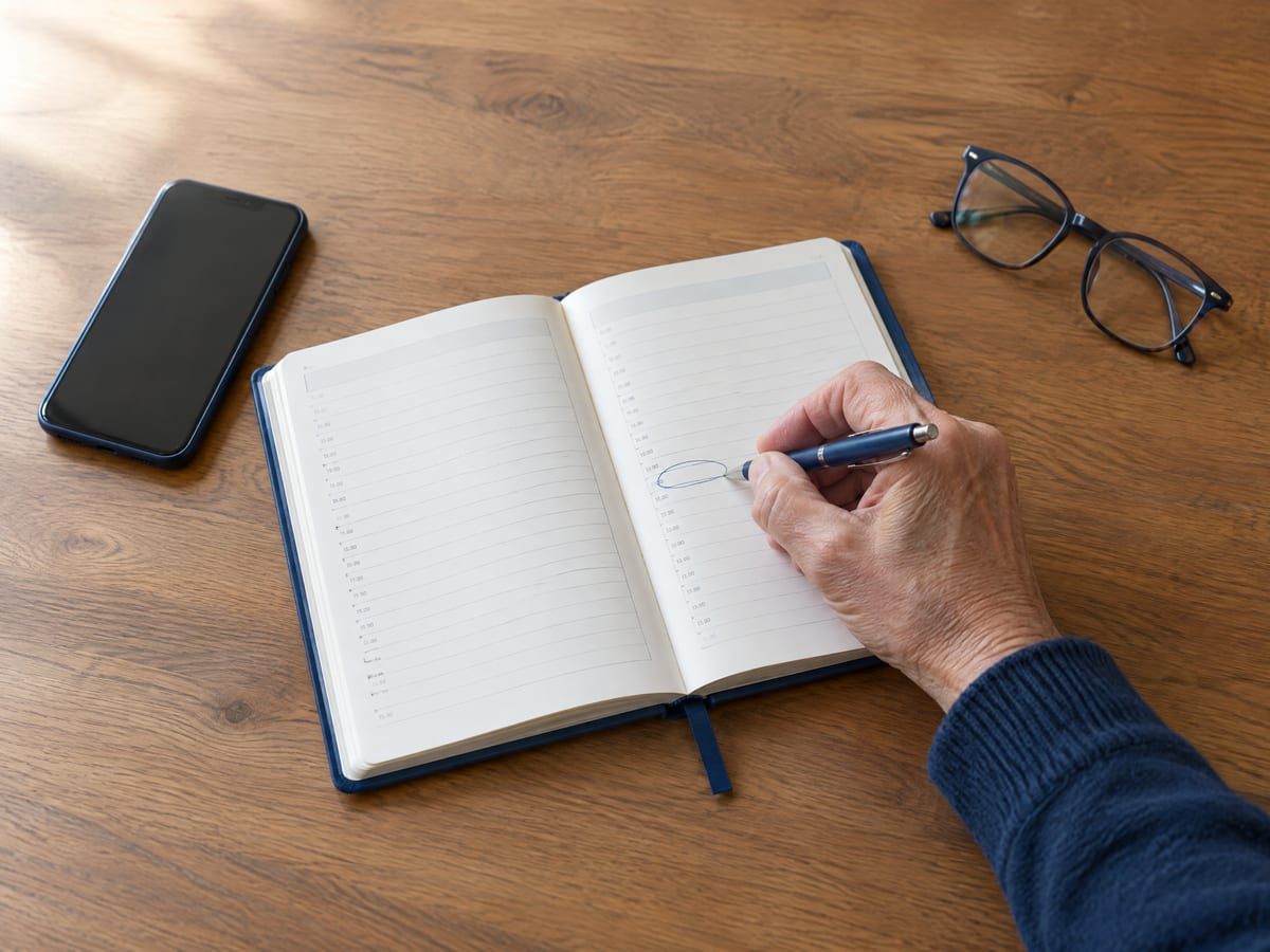 Agenda de papel aberta com um horário marcado, celular e óculos de leitura sobre a mesa, prontos para o atendimento