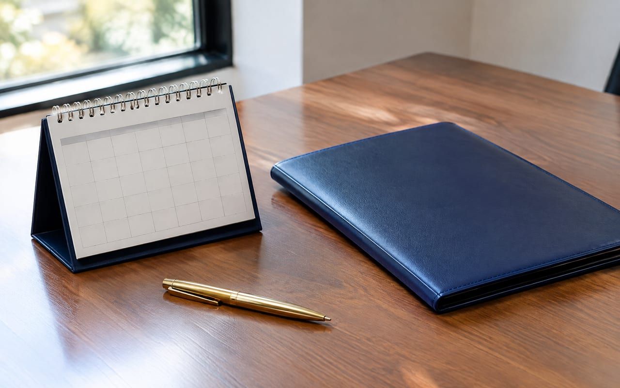 Calendário de mesa sem datas e pasta de documentos lado a lado, idade e tempo especial em análise