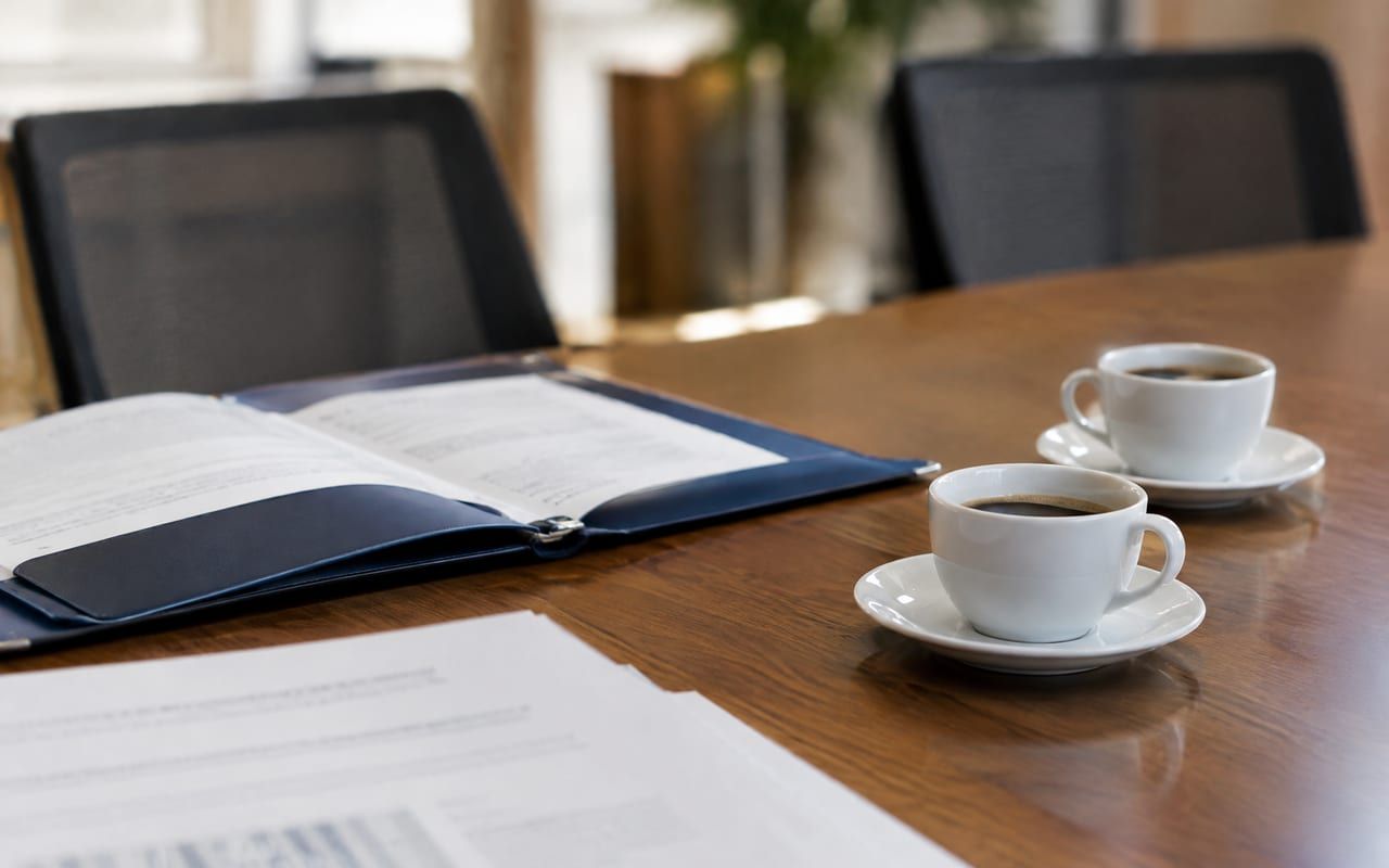 Duas xícaras de café e folhas de um acordo de divórcio sobre a mesa de atendimento