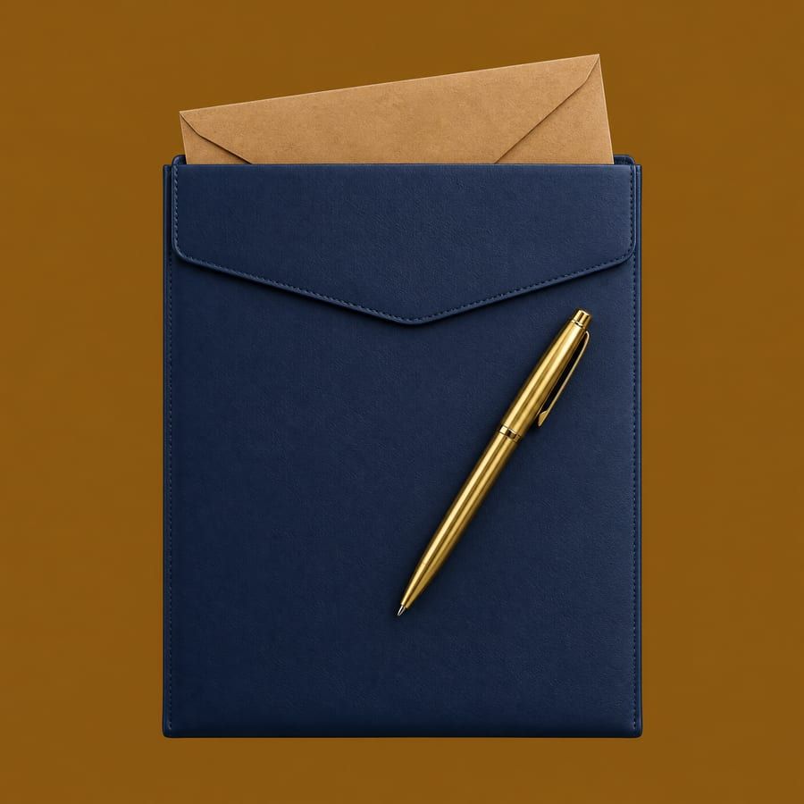 Ilustração de pasta azul com envelope de exame e caneta dourada, símbolo dos documentos médicos