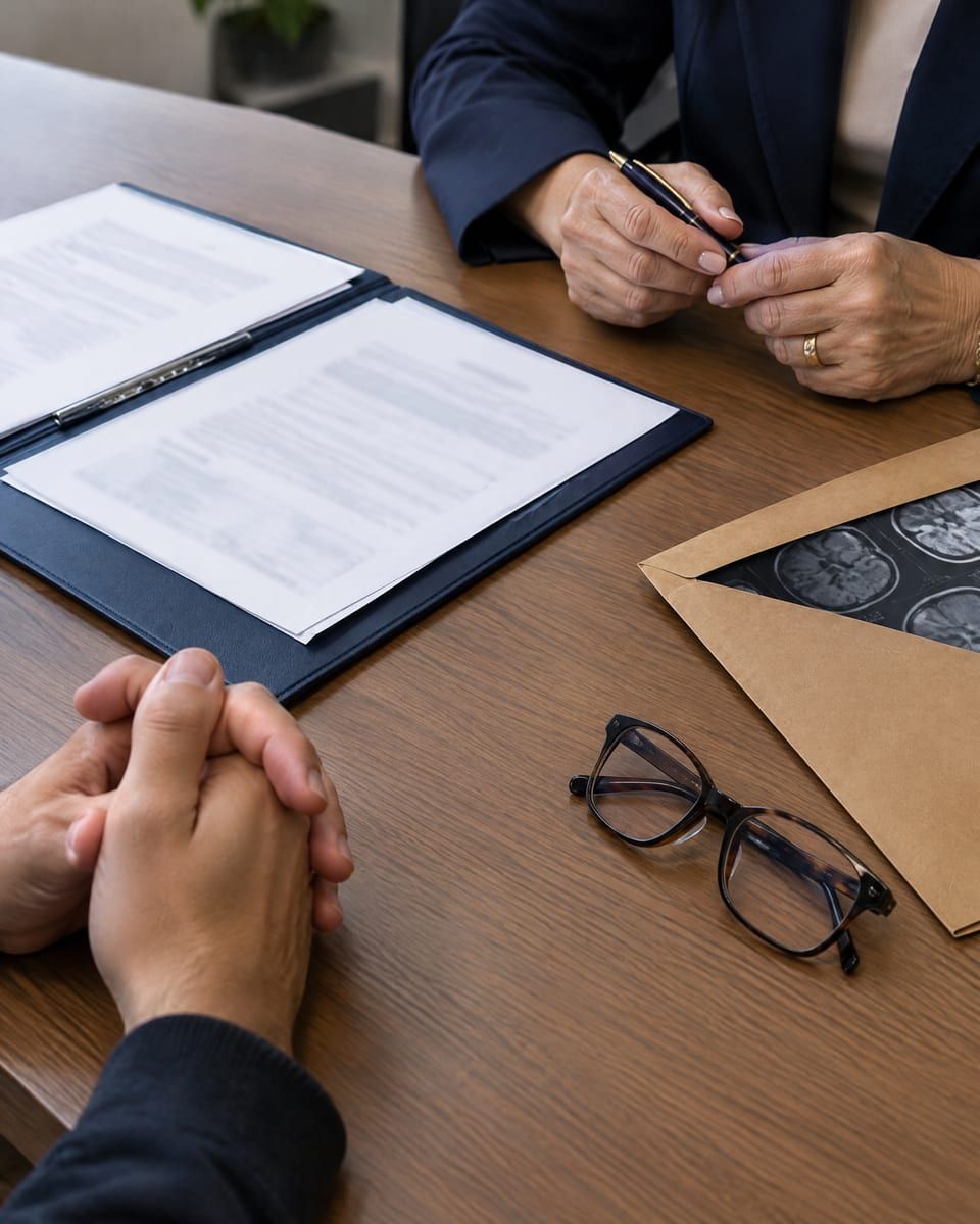 Mãos de duas pessoas conferem exames e laudos sobre a mesa de atendimento