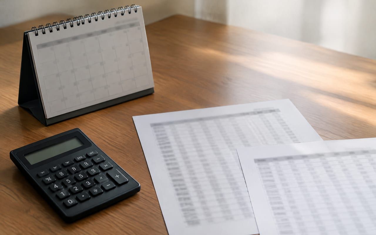 Calendário de mesa, calculadora e folhas de cálculo de aposentadoria lado a lado