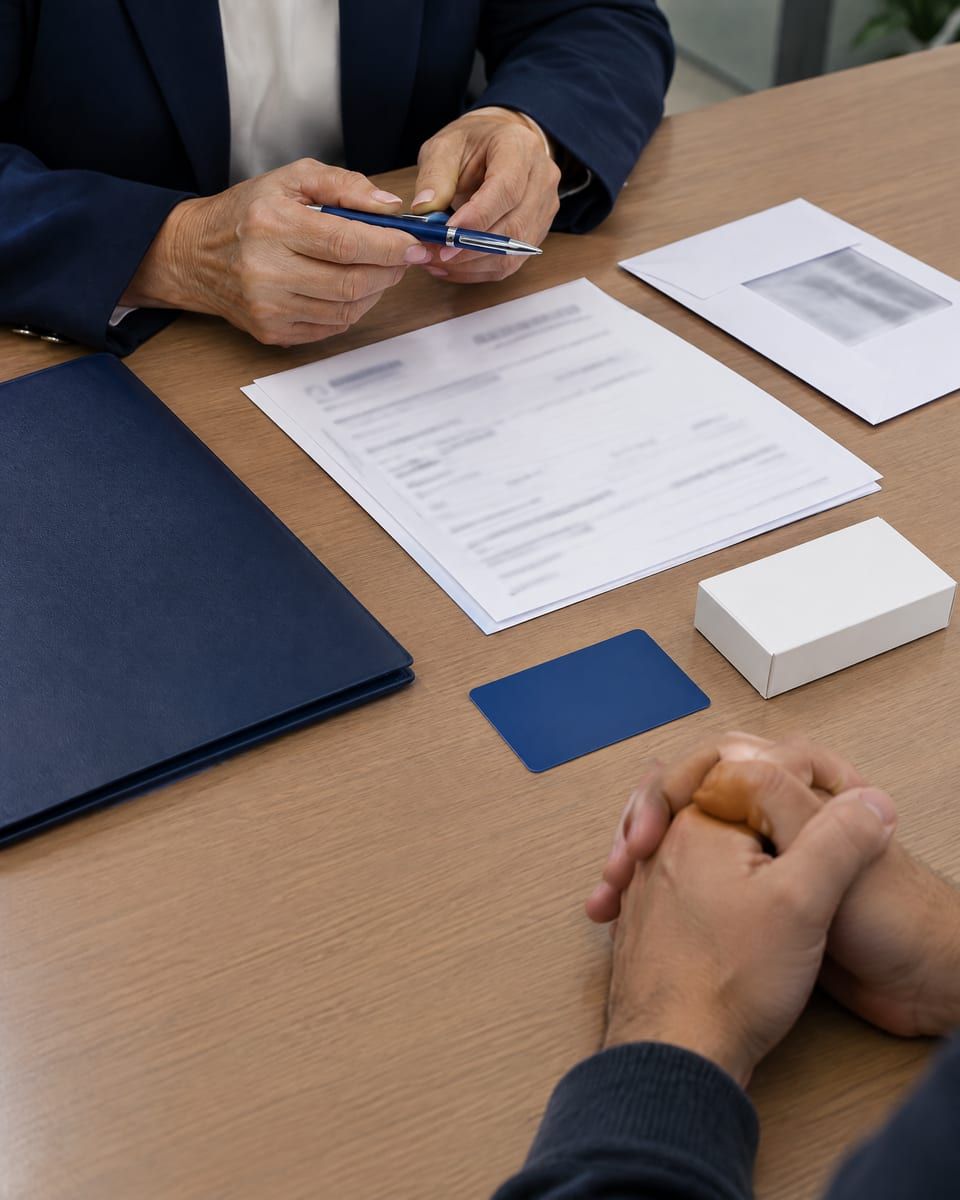 Receita, exames e carteirinha do plano organizados sobre a mesa para o primeiro atendimento