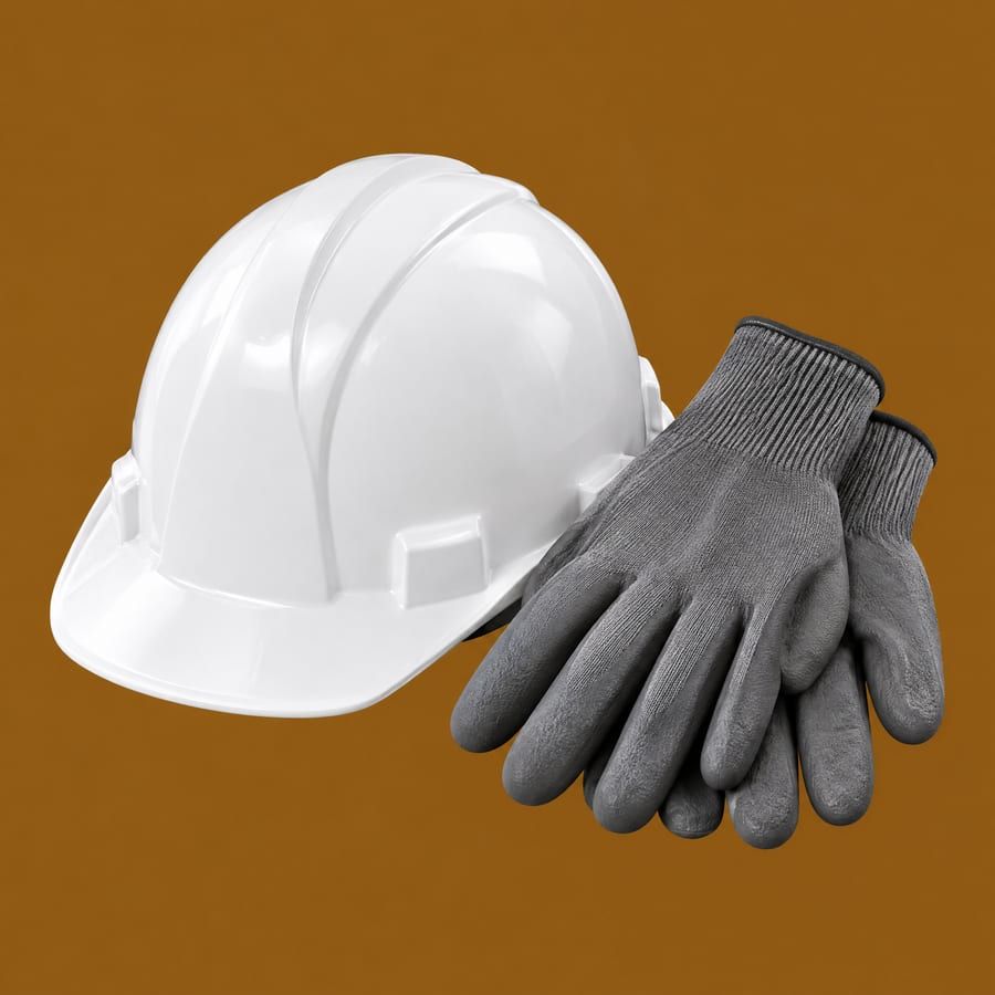 Ilustração de capacete de segurança branco com luvas de trabalho