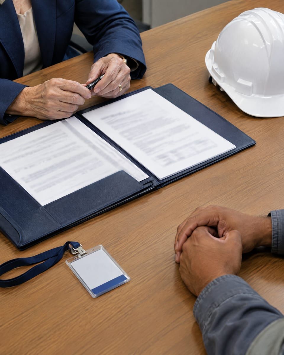 Pasta, crachá e capacete na mesa de atendimento sobre direito do trabalho