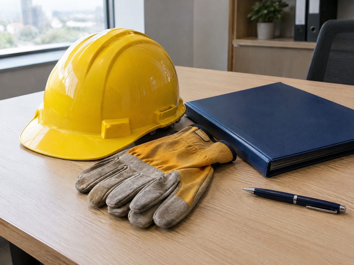Capacete de segurança e luvas ao lado da pasta do acidente de trabalho